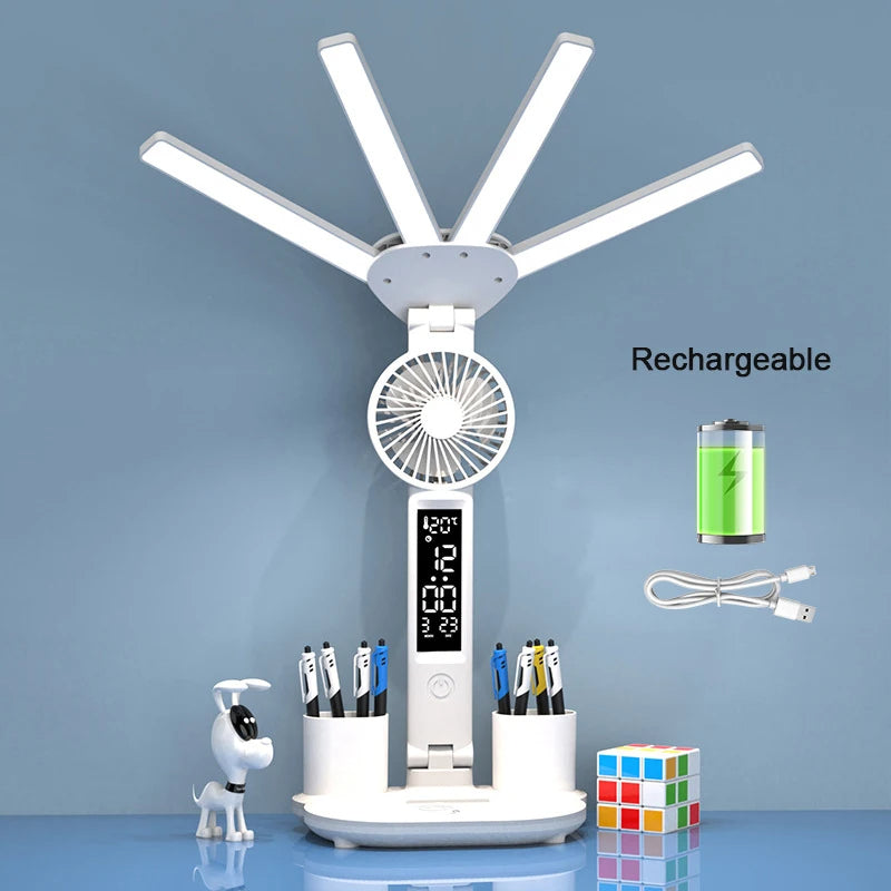 Rechargeable Study Reading Clock/Date/Temperature Foldable Desk Lamp with fan Rechargeable Study Reading Clock/Date/Temperature Foldable Desk Lamp with fan